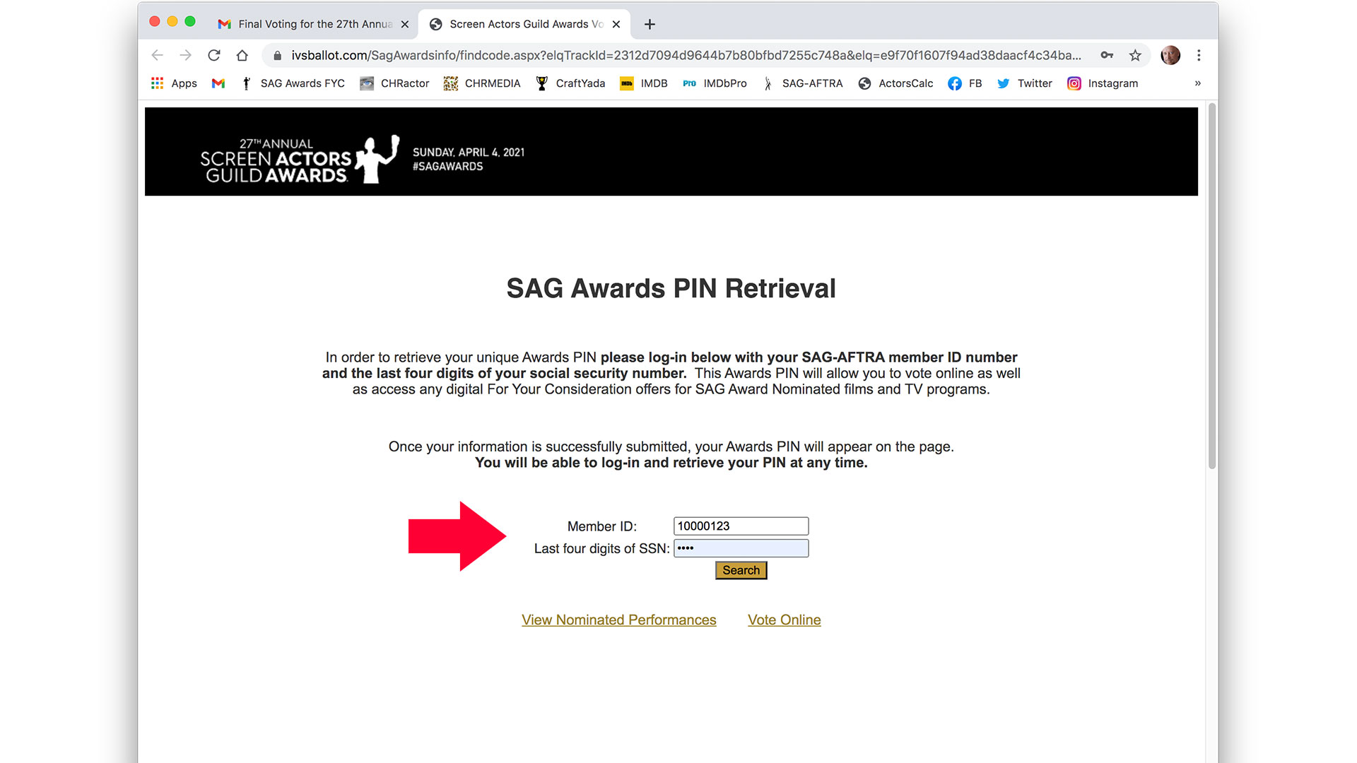 SAG Awards PIN Retrieval page